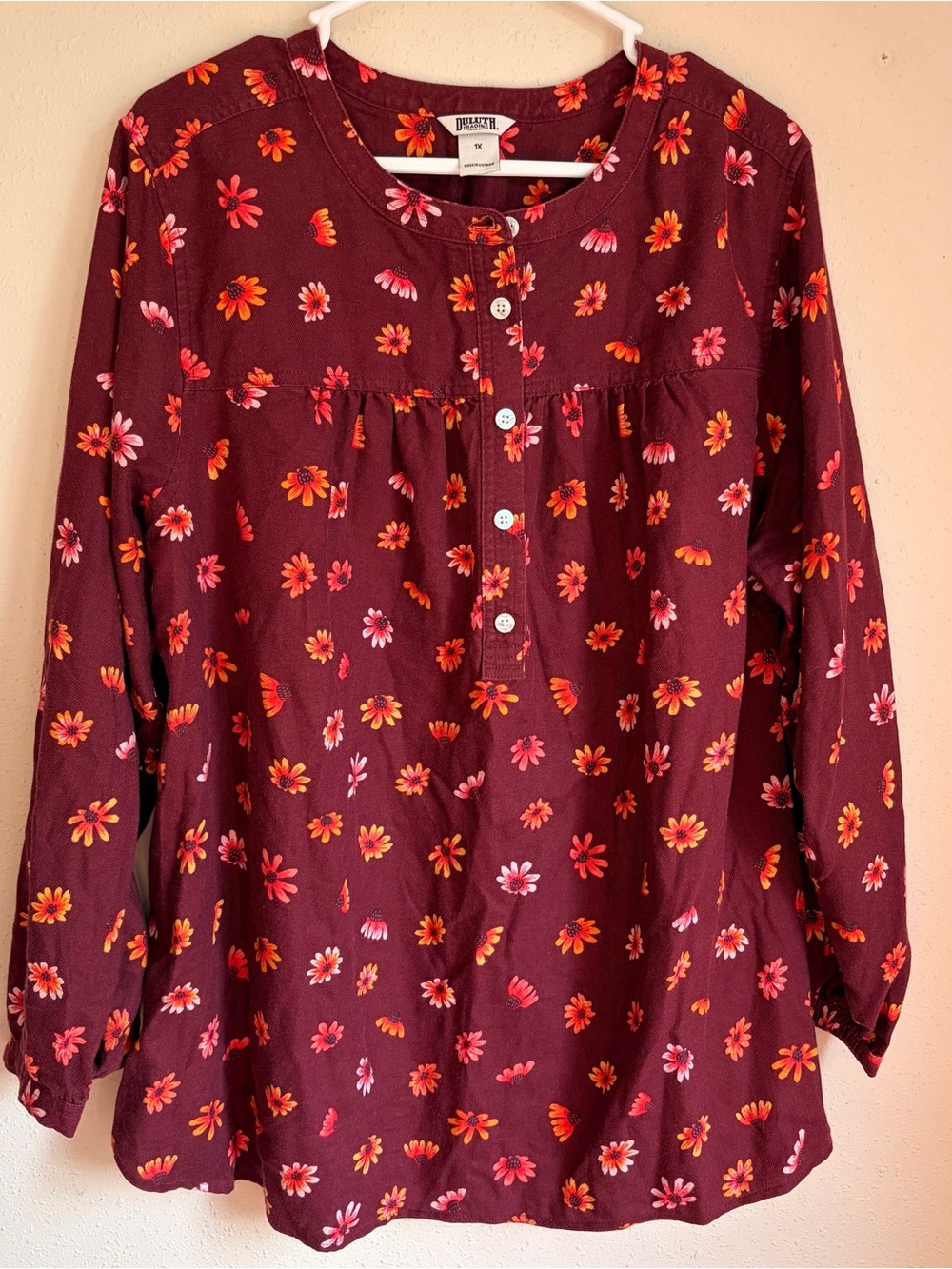Duluth Trading Co Burgundy Floral Button-Up Henley